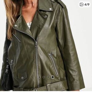 ASOS Designs leather jacket, olive green, size 6